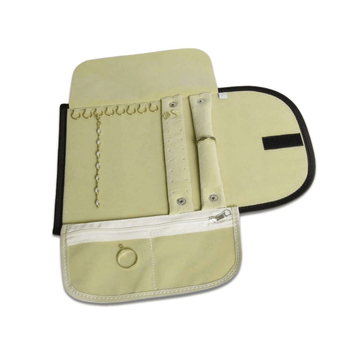 Pasta Mostruário Para Joias Com 2 Bolsos -Tamanho 19X30cm Vinil Preto - Veludo Bege