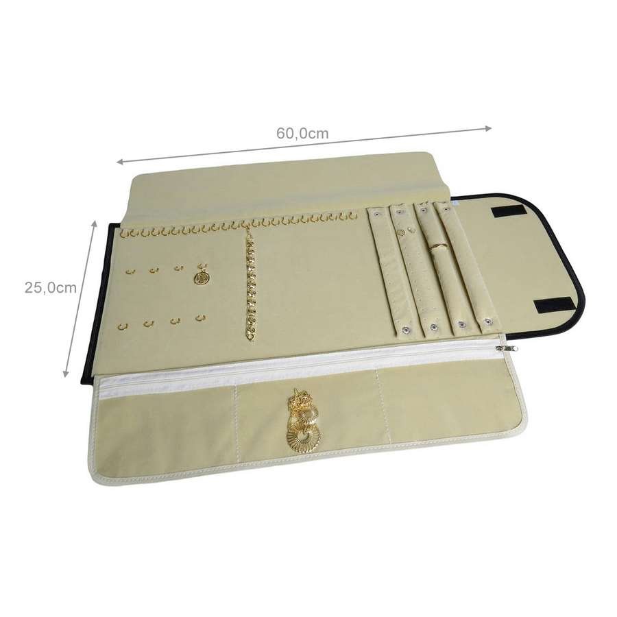 Pasta Mostruário Para Joias - Com 3 Bolsos -Tamanho 25x60cm Vinil Preto - Veludo Bege