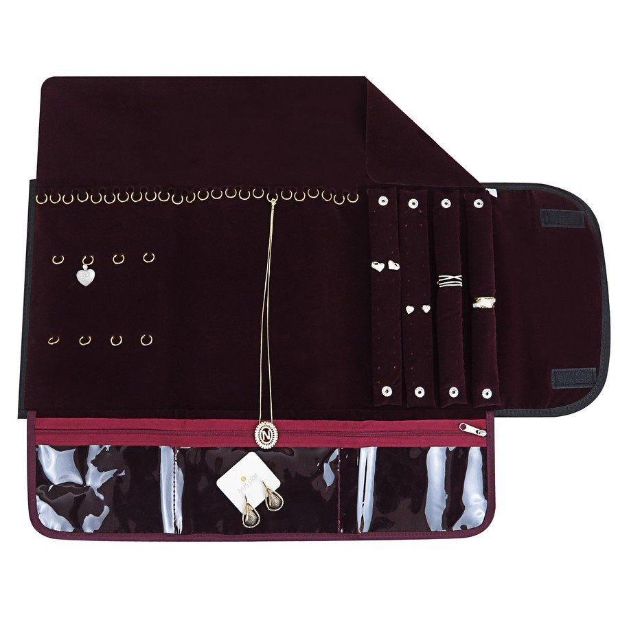 Pasta Mostruário Para Joias - Com 3 Bolsos -Tamanho 25x60cm Vinil Preto - Veludo Bordo