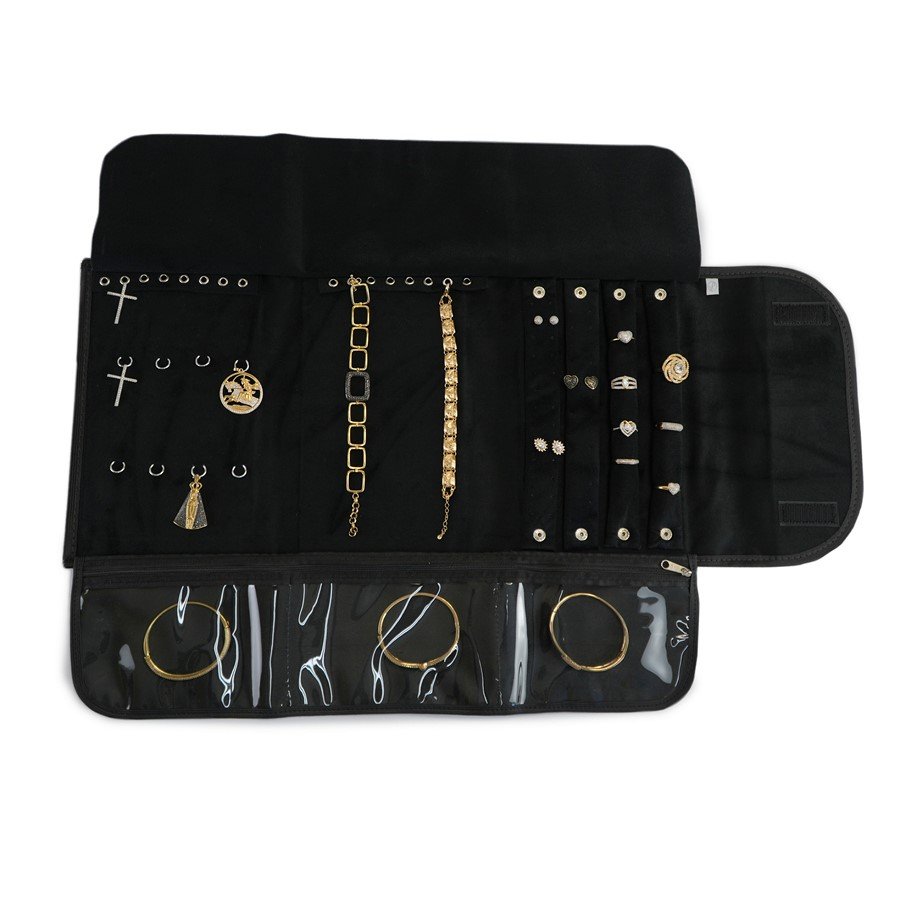 Pasta Media Mista c/ Ilhos c/Bolso Argola Prata Vinil Preto - Veludo Preto