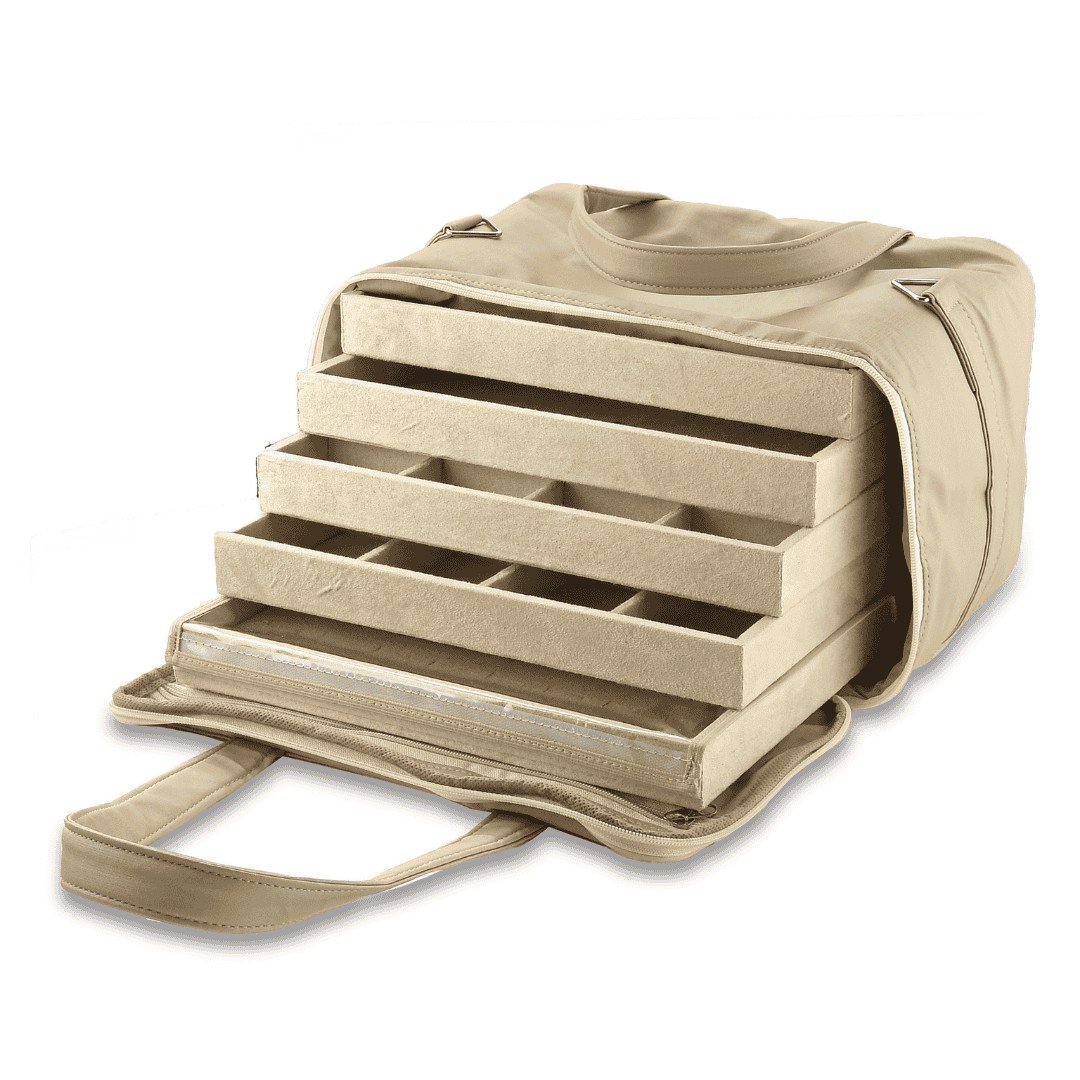 Kit Bandejas Expositoras + Bolsa para Joias - 21,5x29,5x3 cm Bolsa Dunny Champagne - Bandeja Suede Bege