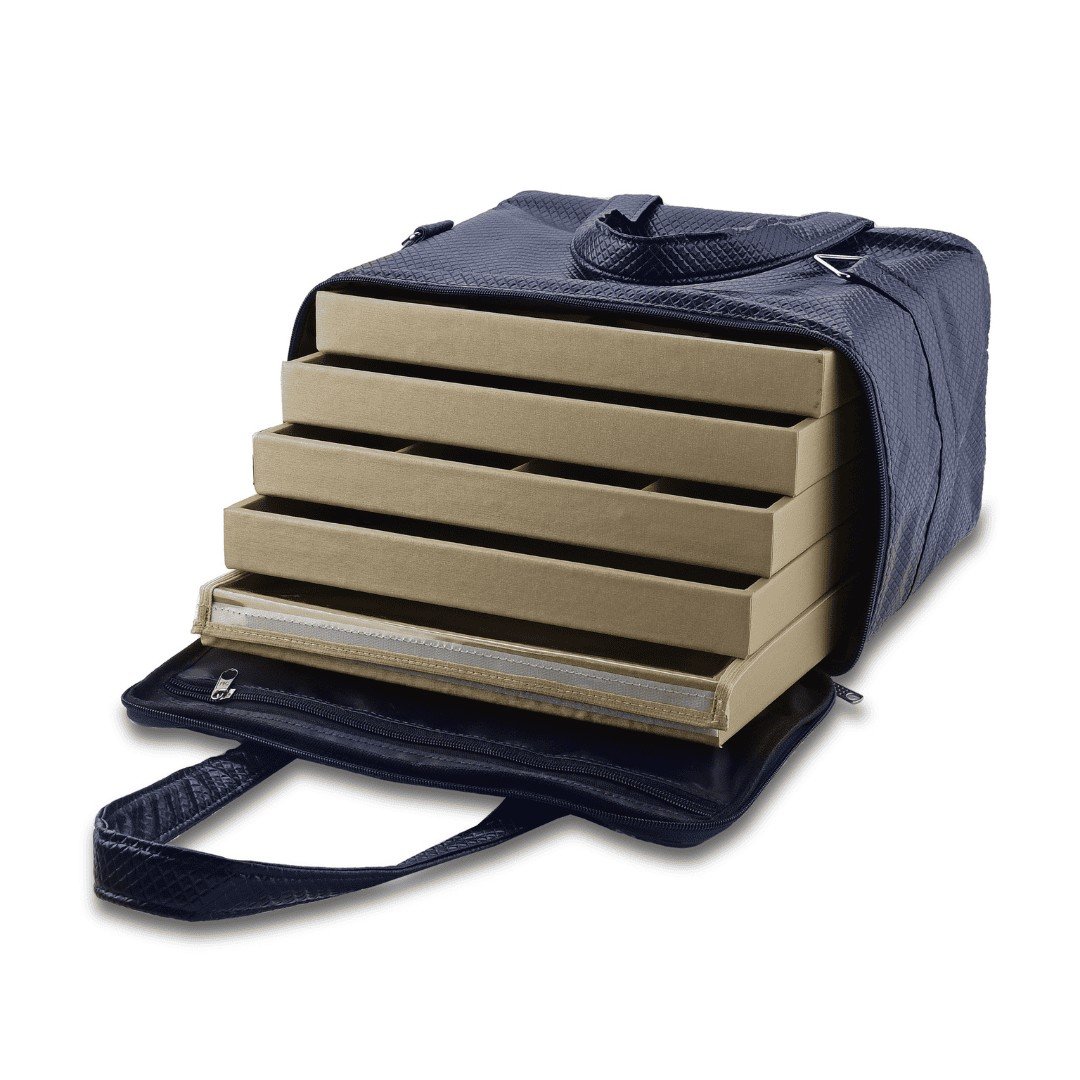 Kit Bandejas Expositoras + Bolsa para Joias - 21,5x29,5x3 cm Bolsa Rodes Azul Marinho Metalizado - Bandeja Dunny Champagne