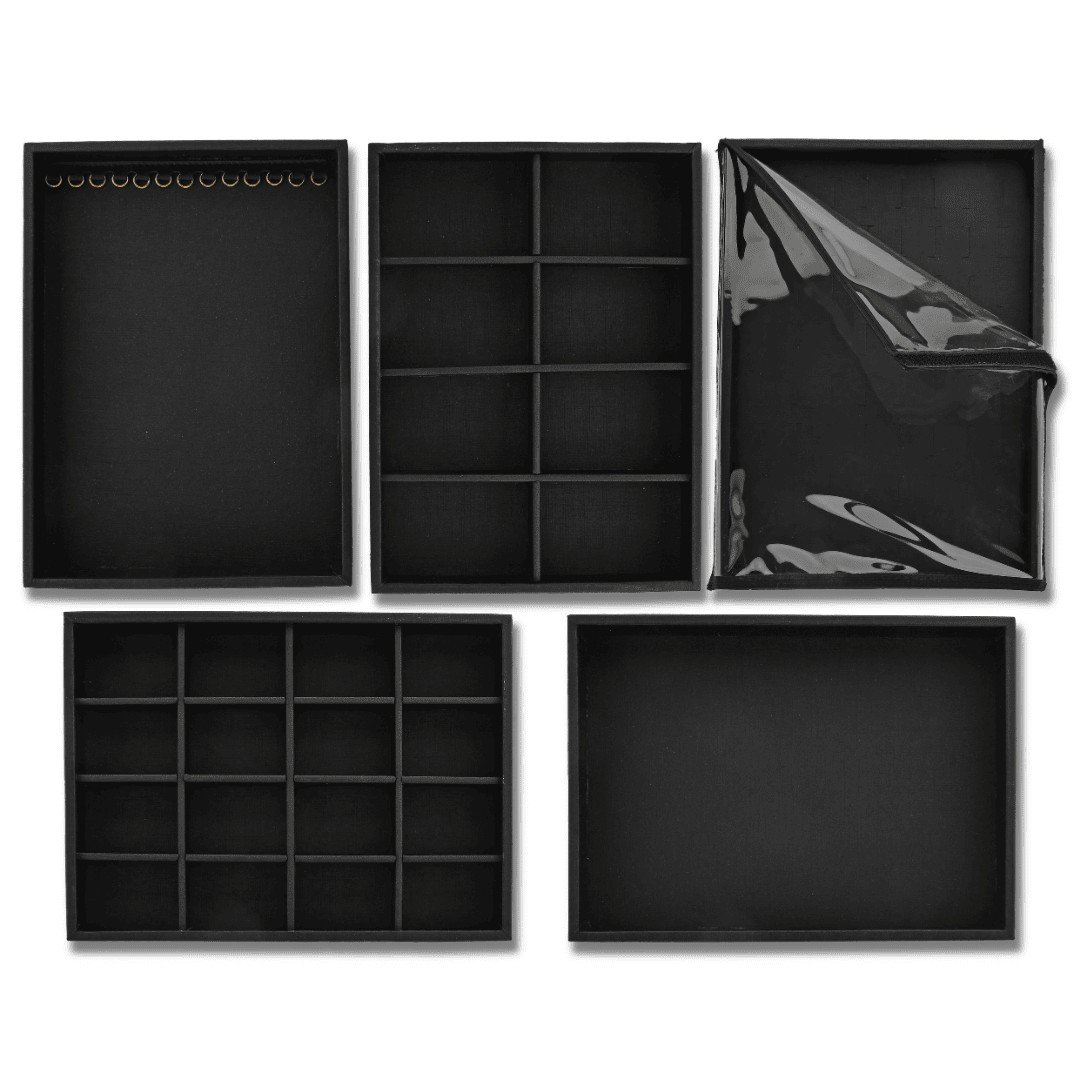 Kit Bandejas Expositoras + Bolsa para Joias - 21,5x29,5x3 cm Bolsa Dunny Preto - Bandeja Dunny Preto