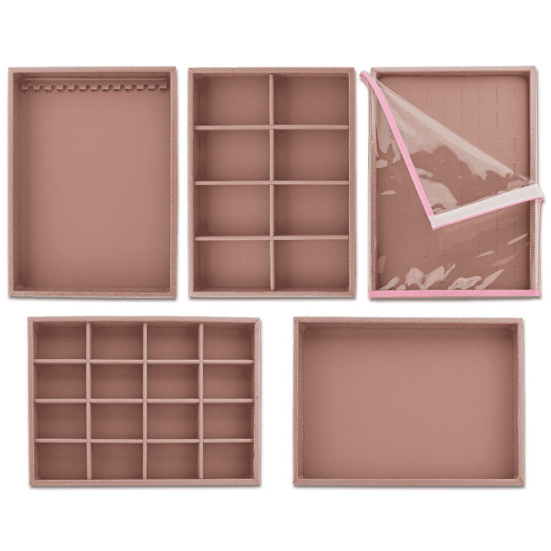 Kit Bandejas Expositoras + Bolsa para Joias - 21,5x29,5x3 cm Bolsa Reptil Rosê Metalizado - Bandeja Dunny Rosa Cha