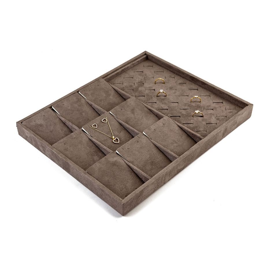 Bandeja Expositora com Cartelas para Joias - 29,5x36,5x3,3. Suede Marrom
