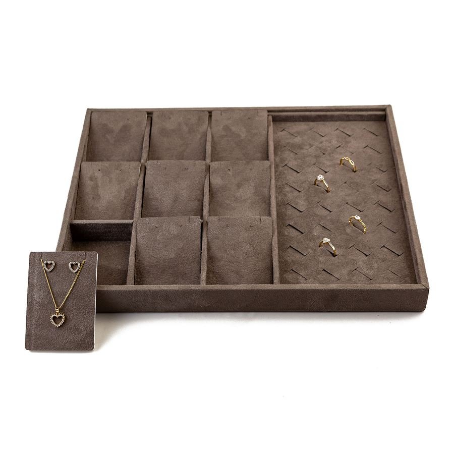 Bandeja Expositora com Cartelas para Joias - 29,5x36,5x3,3. Suede Marrom