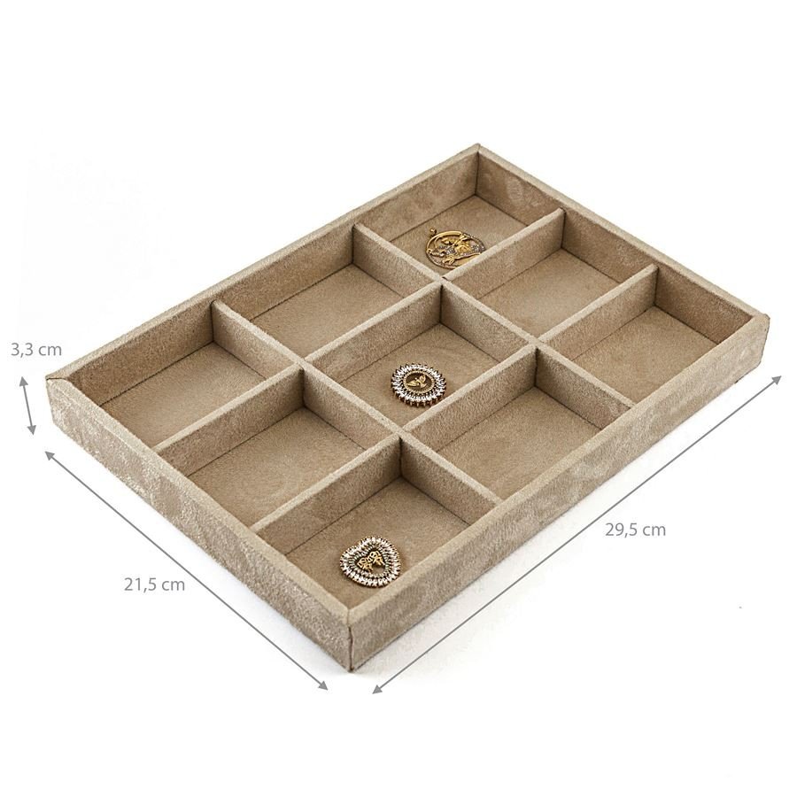 Bandeja Média Expositora para Joias - 21,5x29,5x3,3 cm. Suede Bege