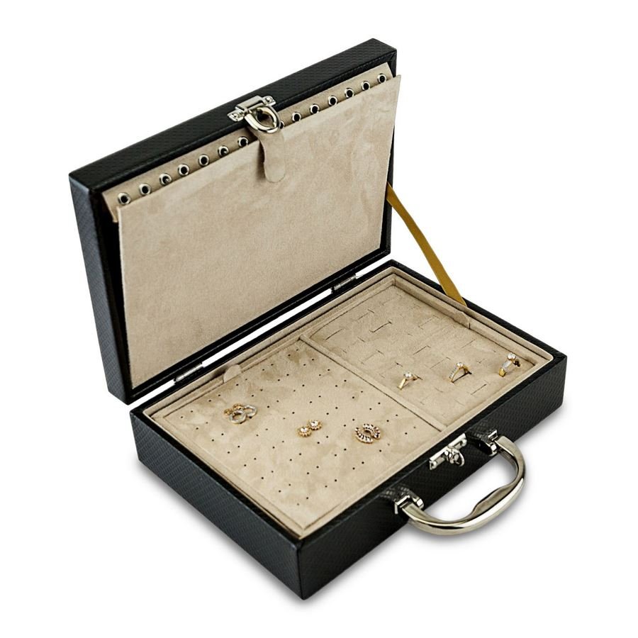 Maleta Média Dupla Expositora com Placa - 20x29x8,5 cm Rodes Preto - Suede Bege