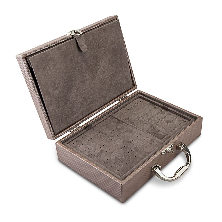 Maleta Média Dupla Expositora com Placa - 20x29x8,5 cm Rodes Capuccino Metalizado - Suede Marrom