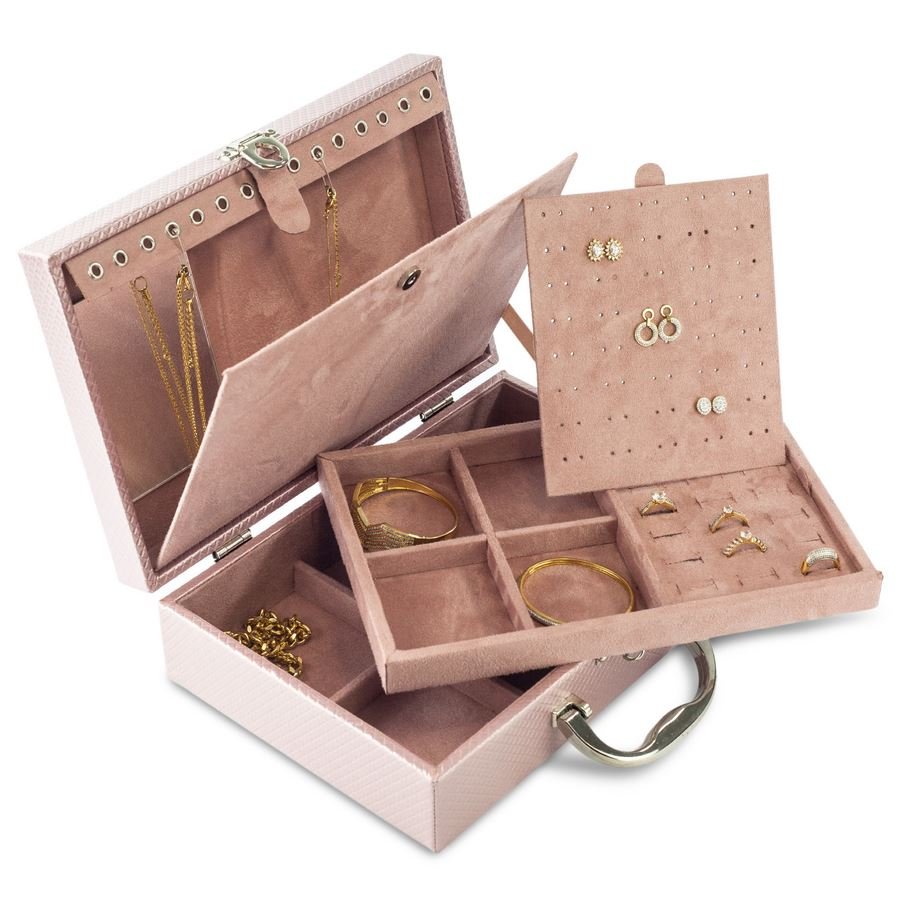Maleta Média Dupla Expositora com Placa - 20x29x8,5 cm Rodes Rosê Metalizado - Suede Rosê