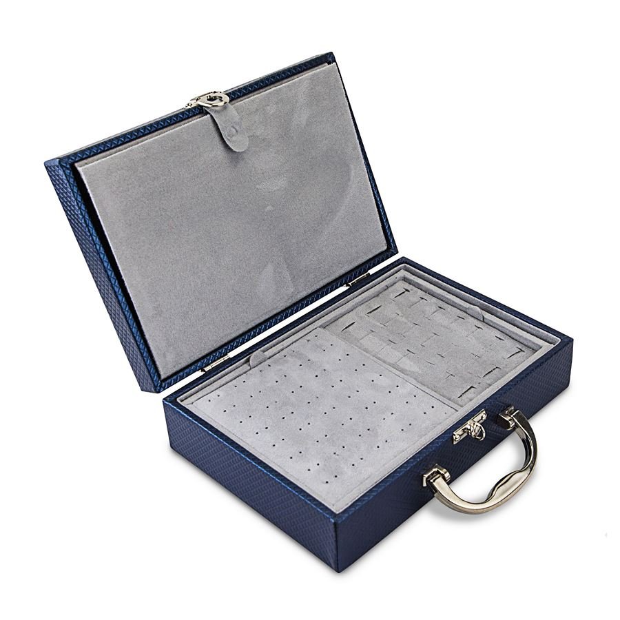 Maleta Média Dupla Expositora com Placa - 20x29x8,5 cm Rodes Azul Marinho Metalizado - Suede Cinza