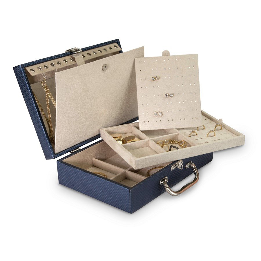 Maleta Média Dupla Expositora com Placa - 20x29x8,5 cm Rodes Azul Marinho Metalizado - Suede Bege