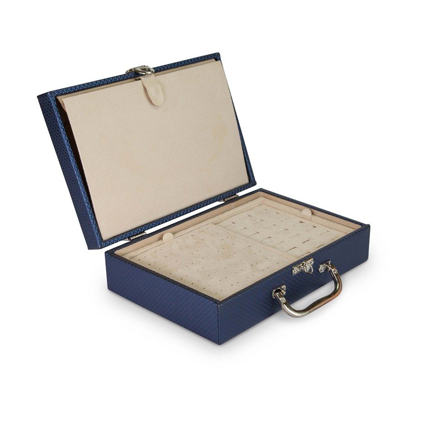 Maleta Média Dupla Expositora com Placa - 20x29x8,5 cm Rodes Azul Marinho Metalizado - Suede Bege