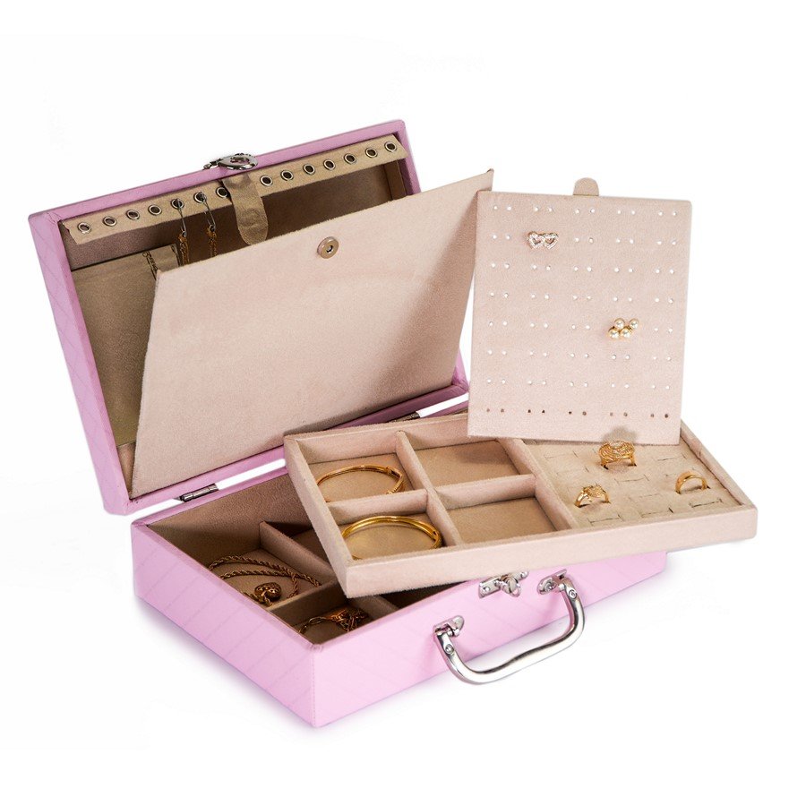 Maleta Média Dupla Expositora com Placa - 20x29x8,5 cm Djon Rosa - Suede Bege