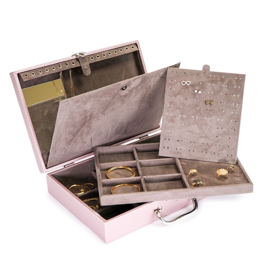 Maleta Grande Dupla com Placa 24,5x35,5x8,5 cm Rodes Rosê Metalizado - Suede Marrom