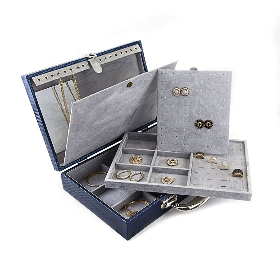 Maleta Grande Dupla com Placa 24,5x35,5x8,5 cm Rodes Azul Marinho Metalizado - Suede Cinza
