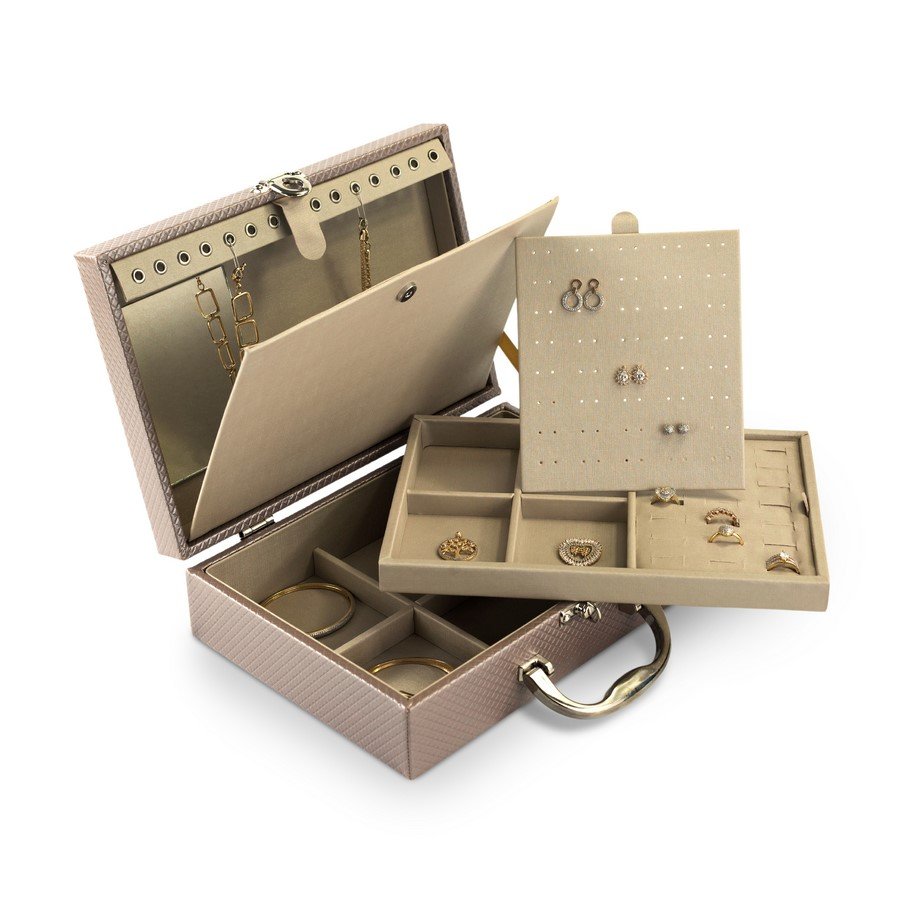 Maleta Expositora com Placa para Joias - 20x29x8,5 cm. Rodes Capuccino Metalizado - Dunny Champagne