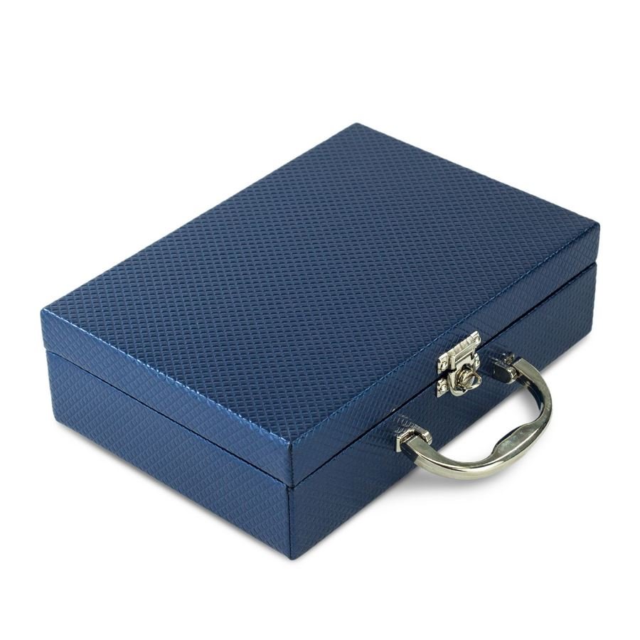 Maleta Expositora com Placa para Joias - 20x29x8,5 cm. Rodes Azul Marinho Metalizado - Dunny Champagne