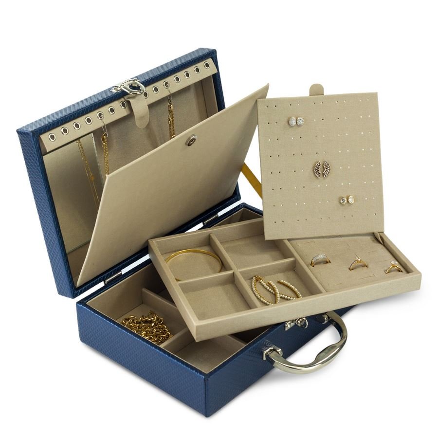 Maleta Expositora com Placa para Joias - 20x29x8,5 cm. Rodes Azul Marinho Metalizado - Dunny Champagne