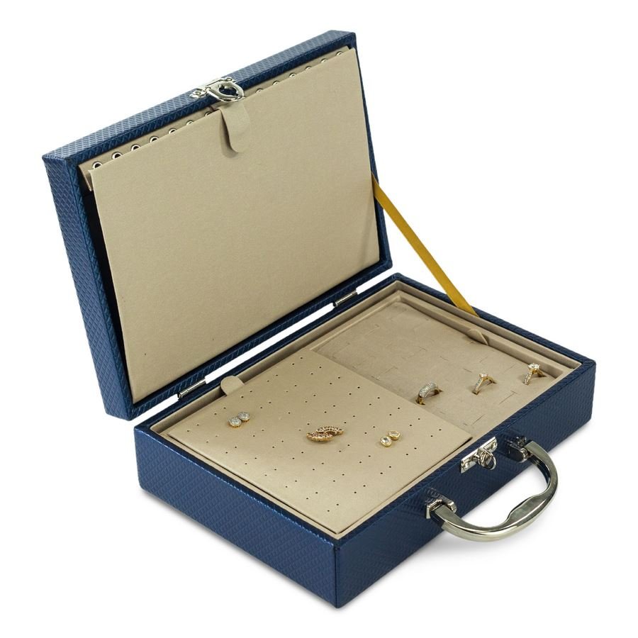 Maleta Expositora com Placa para Joias - 20x29x8,5 cm. Rodes Azul Marinho Metalizado - Dunny Champagne