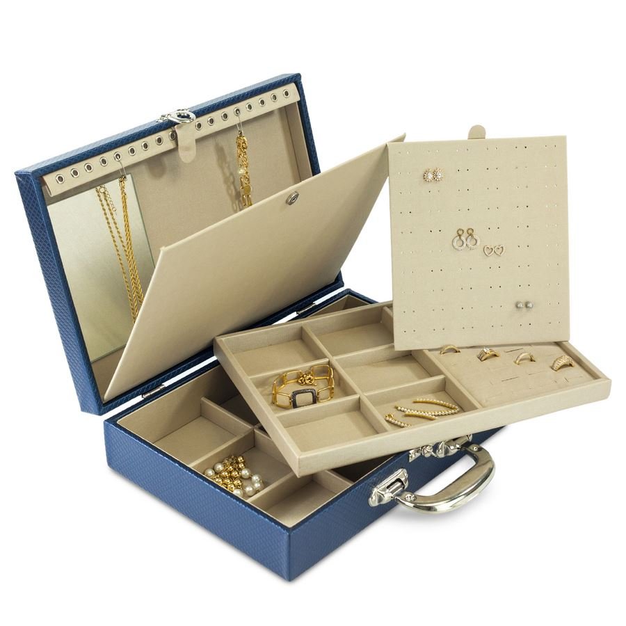 Estojo Expositor Duplo com Placa para Joias-24,5x35,5x8,5cm Rodes Azul Marinho Metalizado - Dunny Champagne