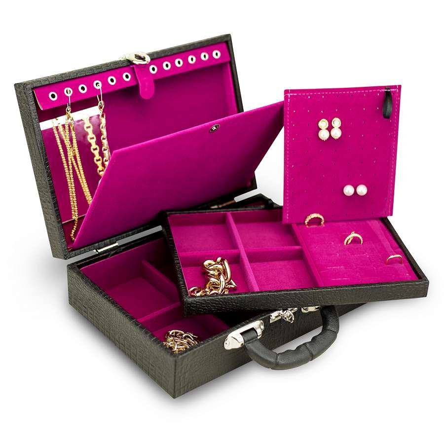 Maleta Média com Placa para Joias - 20x29x8,5 cm. Croco Preto - Veludo Rosa Pink