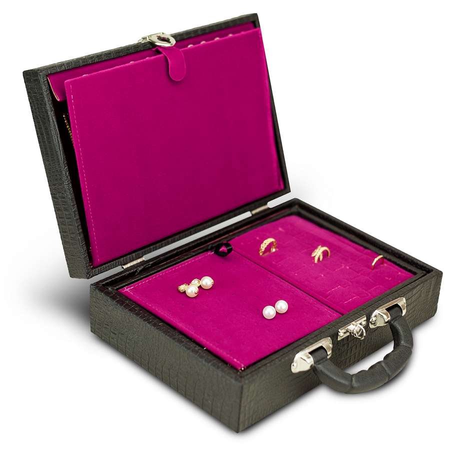 Maleta Média com Placa para Joias - 20x29x8,5 cm. Croco Preto - Veludo Rosa Pink