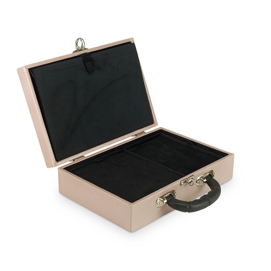 Maleta Média com Placa para Joias - 20x29x8,5 cm. Reptil Rosa Blush - Veludo Preto