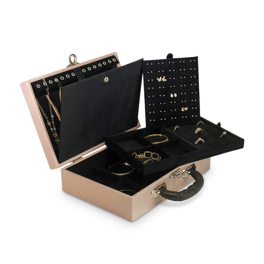 Maleta Média com Placa para Joias - 20x29x8,5 cm. Reptil Rosa Blush - Veludo Preto