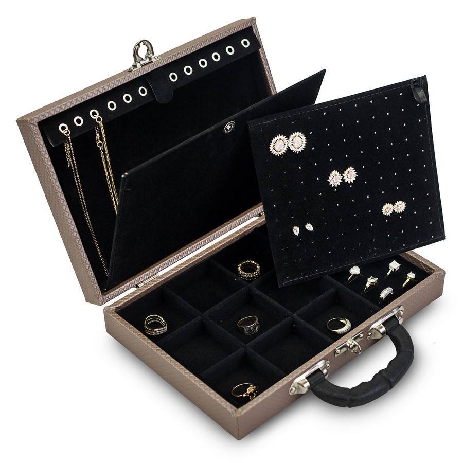 Maleta Média Expositora com Placa para Joias - 20x29x6,5cm. Rodes Capuccino Metalizado - Veludo Preto