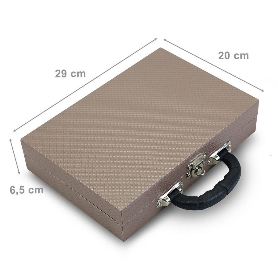 Maleta Média Expositora com Placa para Joias - 20x29x6,5cm. Rodes Capuccino Metalizado - Veludo Preto