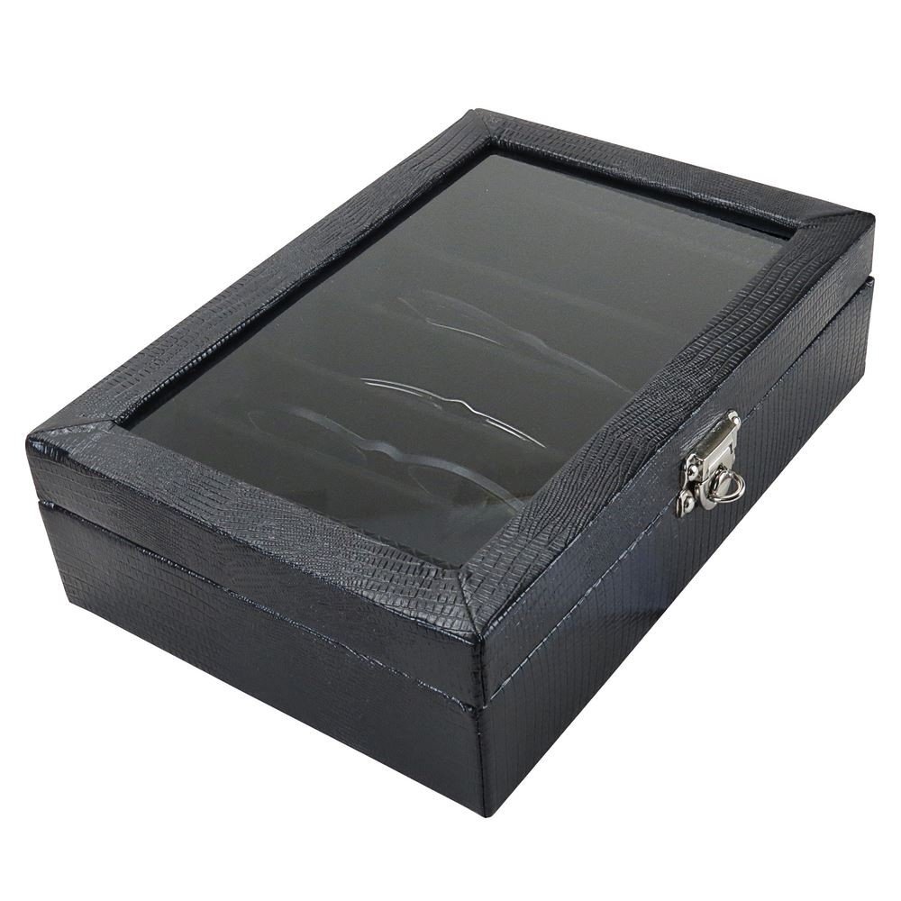 Caixa Média Expositora de Óculos com Visor - 20x29x8,5 cm. Croco Preto - Veludo Preto