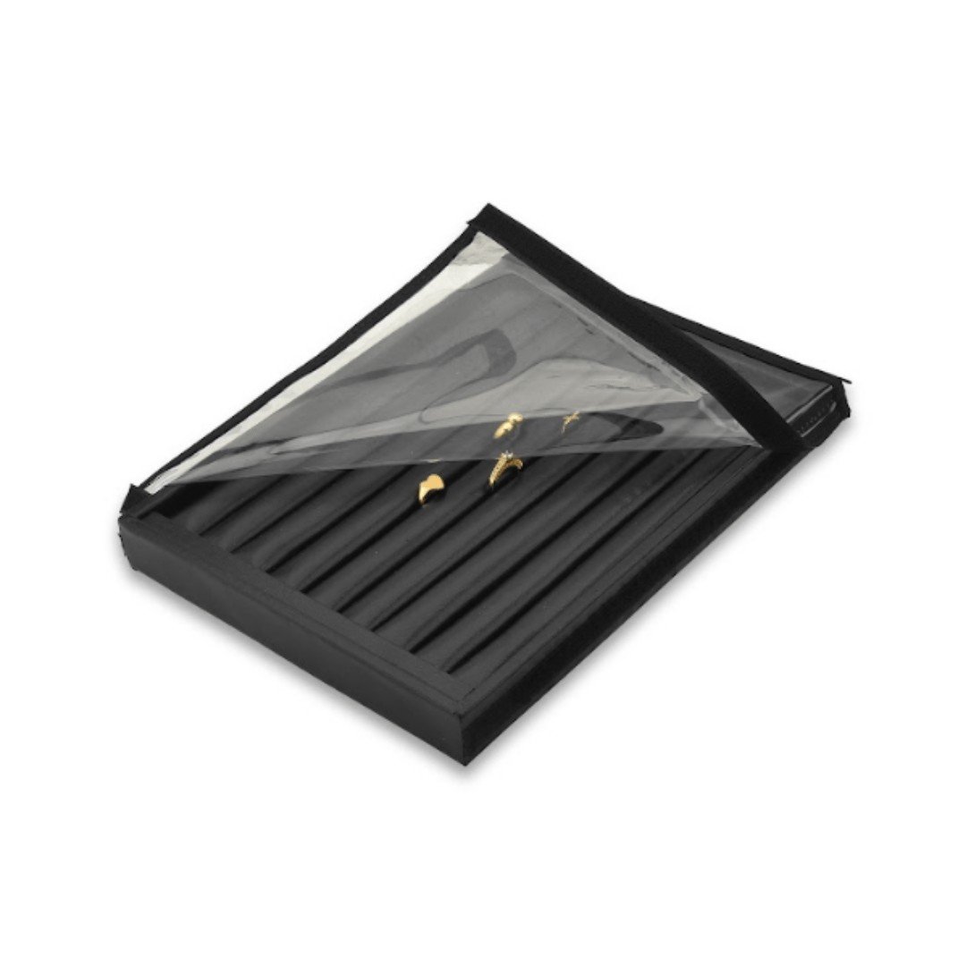 Bandeja Média Anéis com 9 Roletes 21,5x29,5x3,3 cm com tampa transparente Vinil Vinil Helene Preto