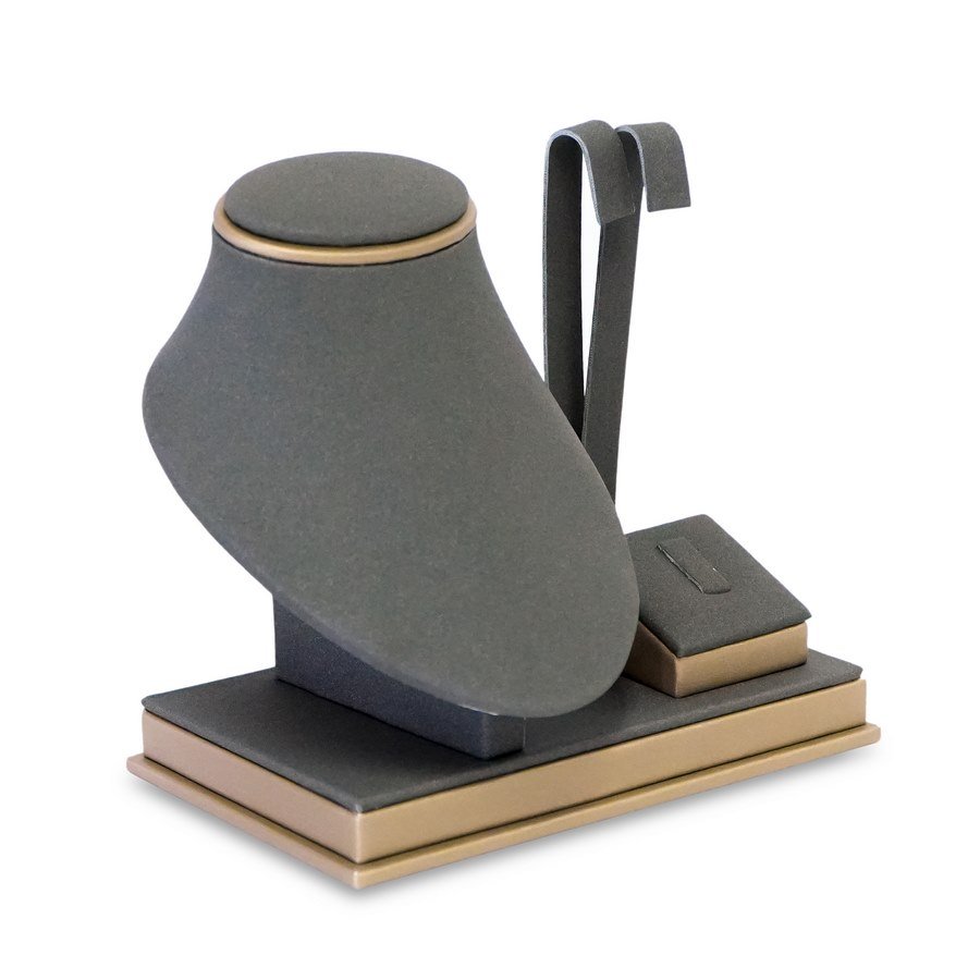 Mini Vitrine Fixa para Brinco, Anel e Gargantilha Camurça cinza - Dunny dourado