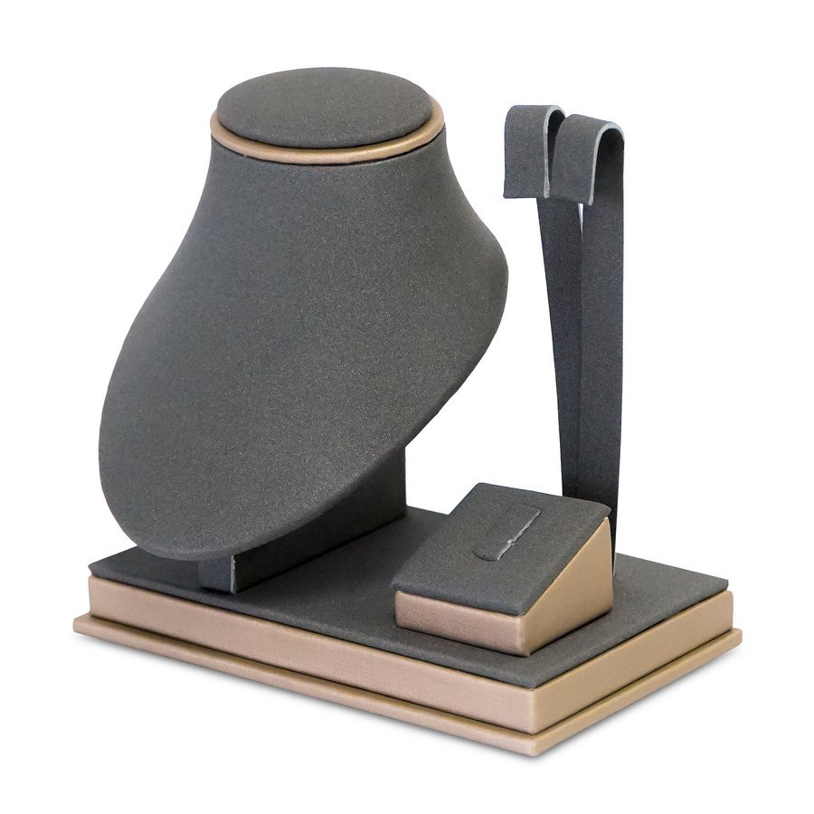 Mini Vitrine Fixa para Brinco, Anel e Gargantilha Camurça cinza - Dunny dourado