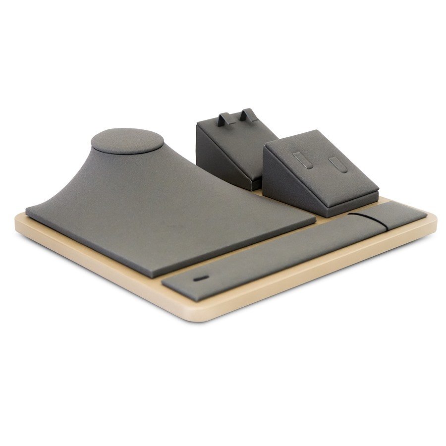 Vitrine para Conjunto Gargantilha, Brinco, Anel e Pulseira Camurça cinza - Dunny dourado