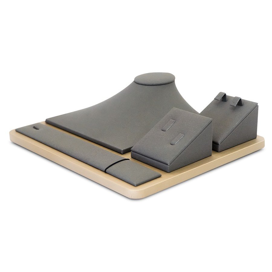 Vitrine para Conjunto Gargantilha, Brinco, Anel e Pulseira Camurça cinza - Dunny dourado