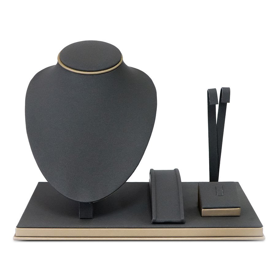 Vitrine Expositora para Gargantilha, Brinco, Anel e Pulseira Camurça cinza - Dunny dourado