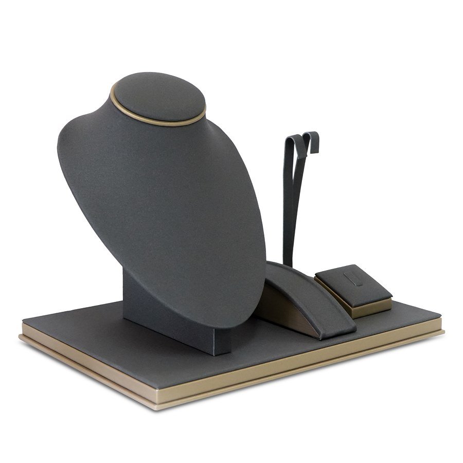Vitrine Expositora para Gargantilha, Brinco, Anel e Pulseira Camurça cinza - Dunny dourado