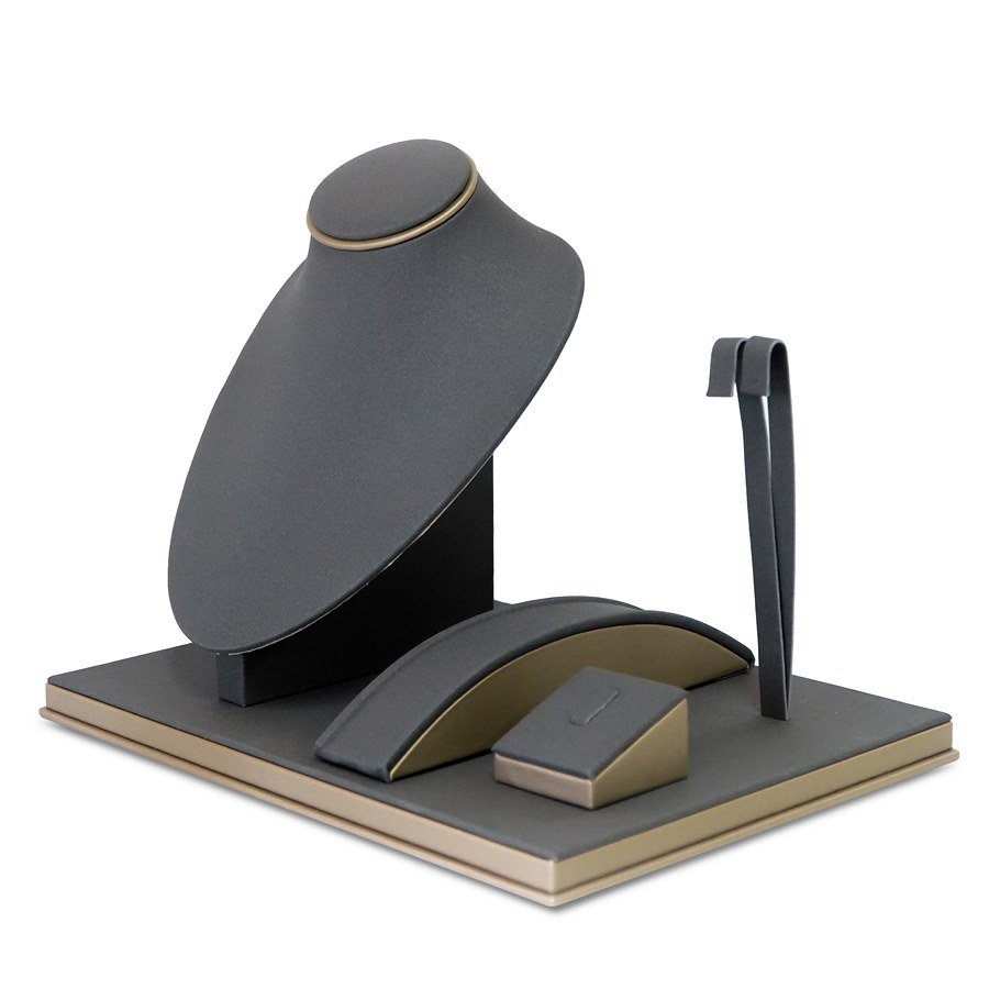 Vitrine Expositora para Gargantilha, Brinco, Anel e Pulseira Camurça cinza - Dunny dourado