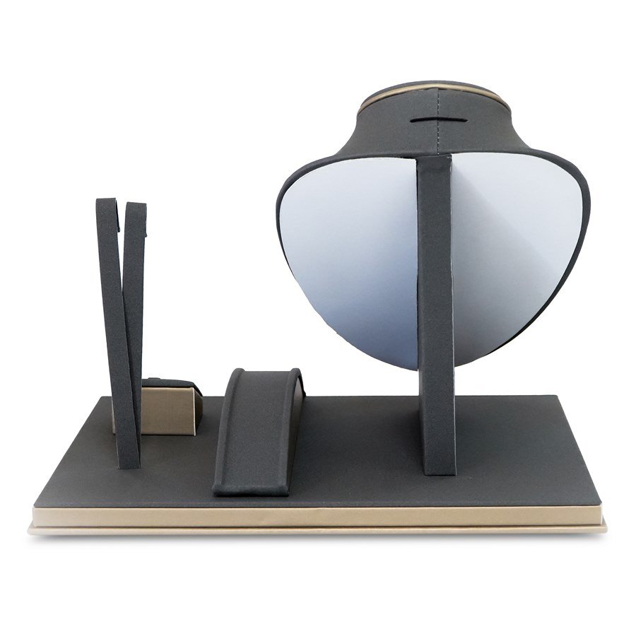 Vitrine Expositora para Gargantilha, Brinco, Anel e Pulseira Camurça cinza - Dunny dourado