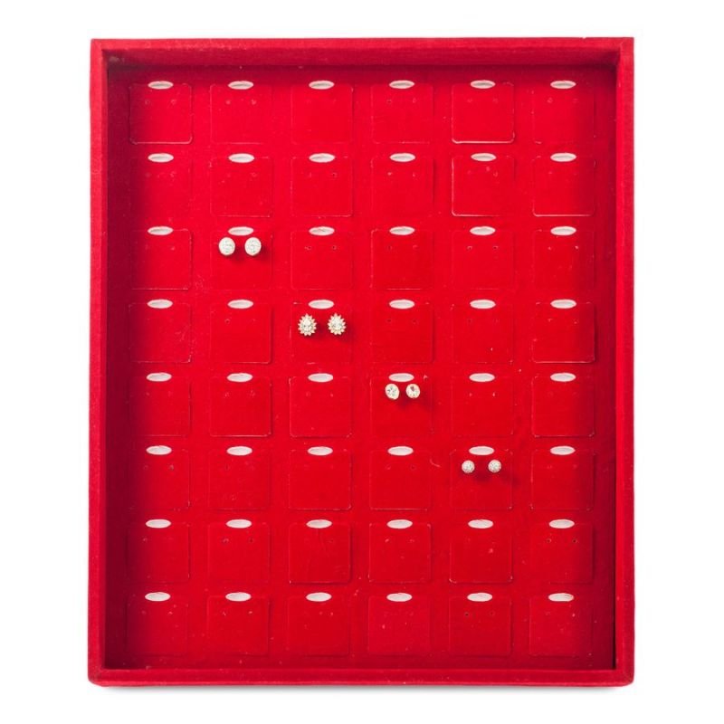Bandeja Expositora Para Joias Com 48 Espaços 29,5x36,5x3,3cm Veludo Vermelho